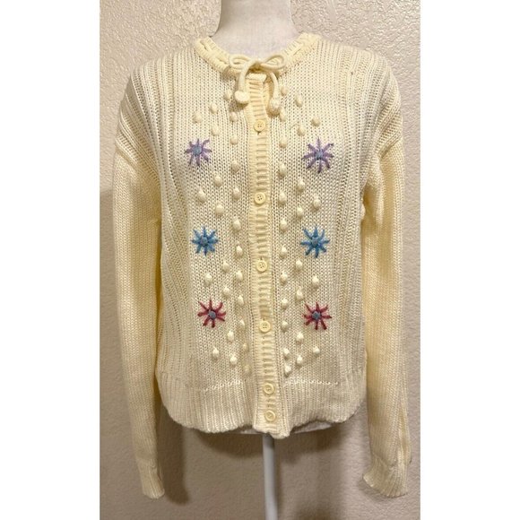 Half Time Vintage 80s Cream Crochet Cardigan Sweater - Picture 1 of 7